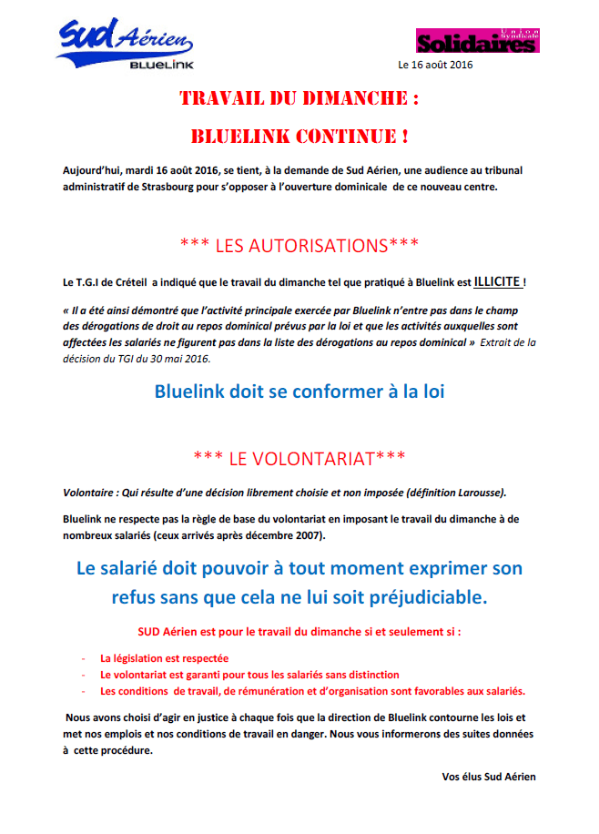 Travail le dimanche BLUELINK CONTINUE
