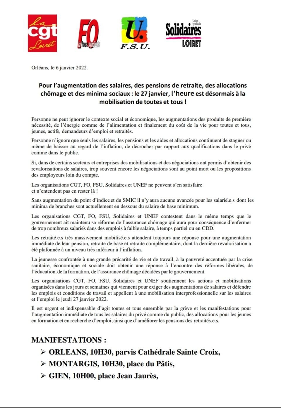 Appel intersyndical à manifestation le 27 Janvier à
