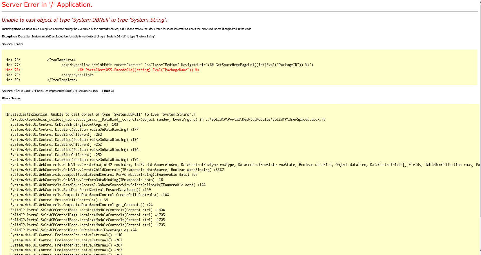 server error on logon page SolidCP