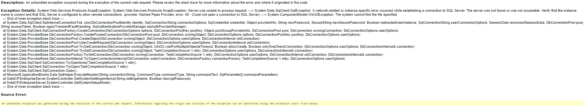 Portal webiste error SolidCP