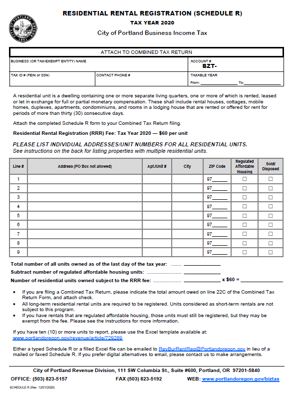Portland's Residential Rental Program and Schedule R Solid State Tax