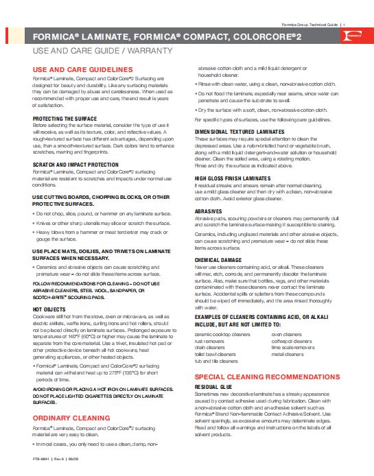 Formica Laminate Compact ColorCore2 Use and Care Guide SolidSurface