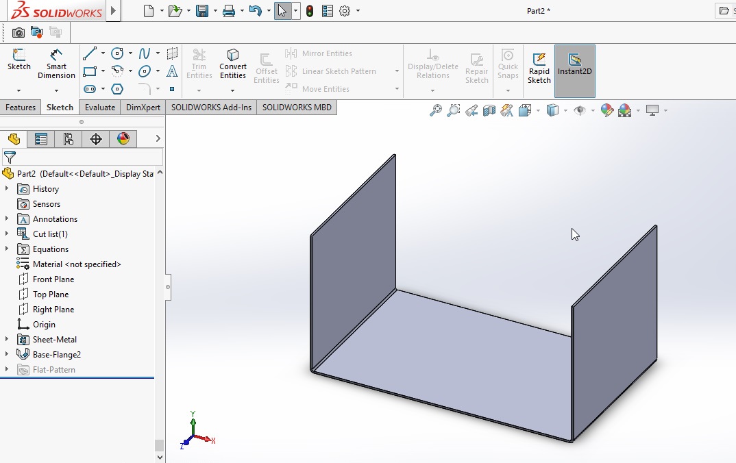 created sheet metal base flange part for showing edge flange in solidworks