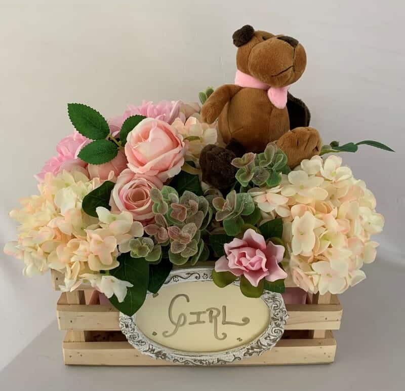 Centros de mesa para baby shower en bases de madera Sol naciente