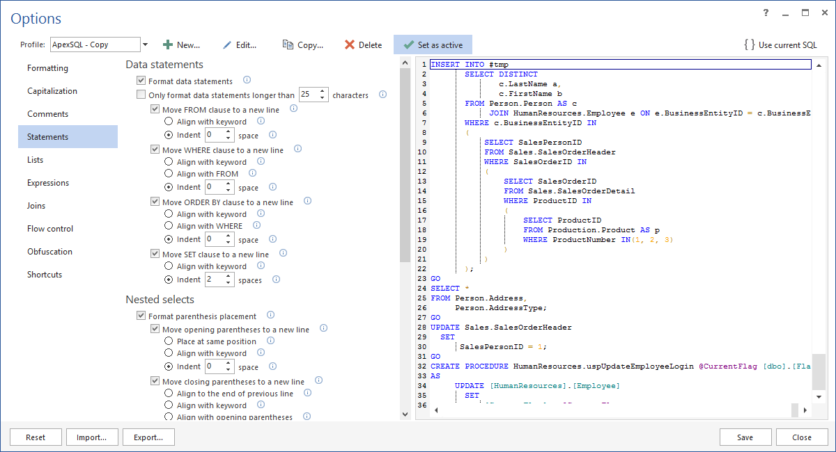 SQL Formatting standards joins, lists, structure, operations