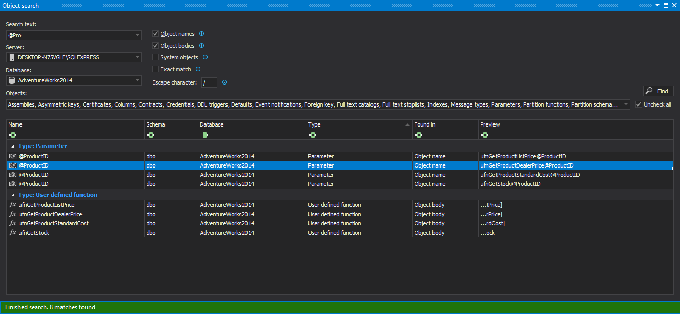 How to quickly search for SQL database data and objects in SSMS