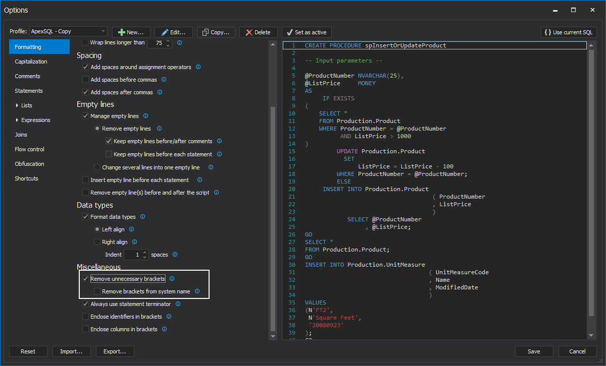 Rules of SQL formatting Regular and delimited TSQL identifiers