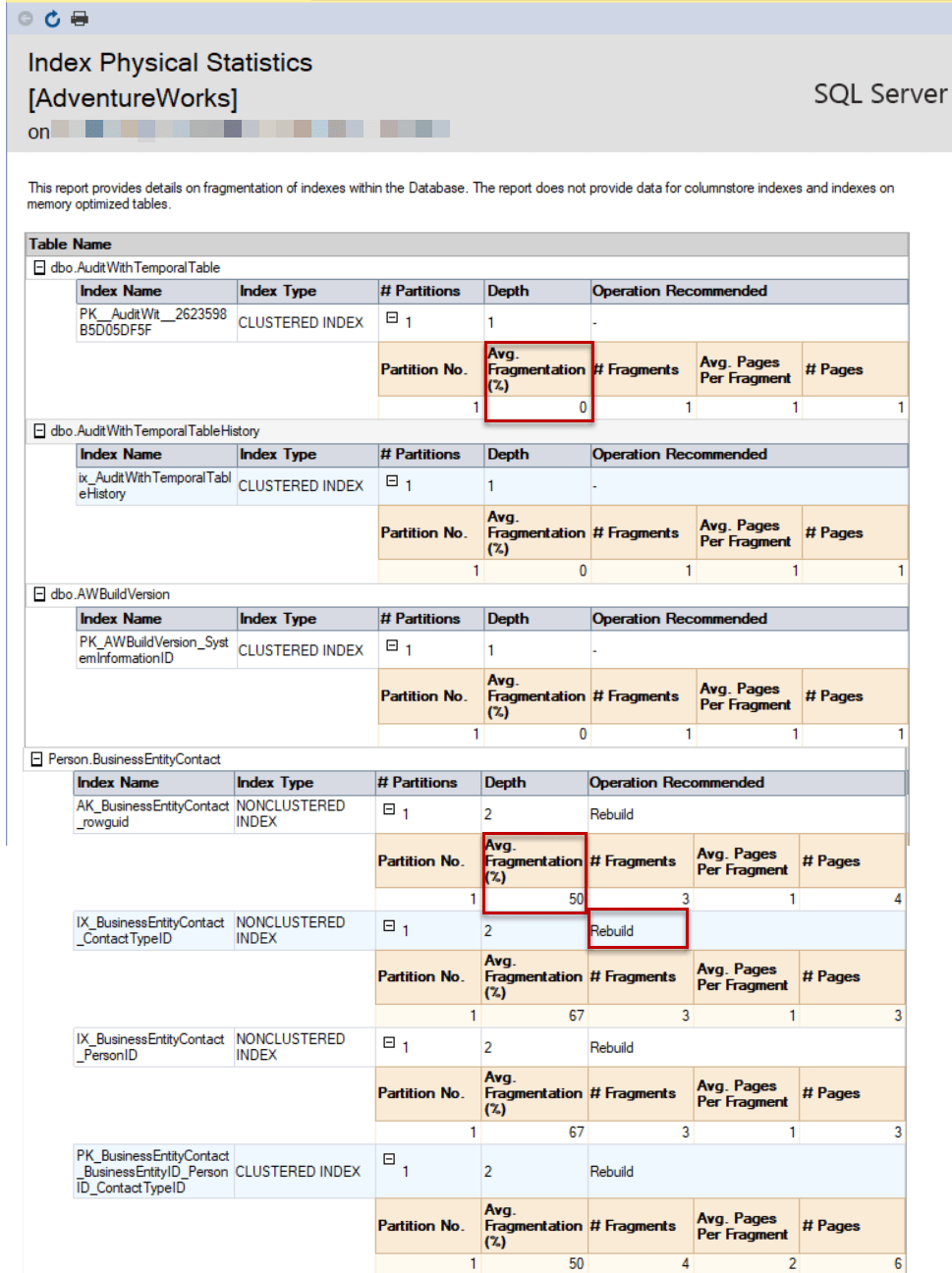 SQL index fragmentation reports