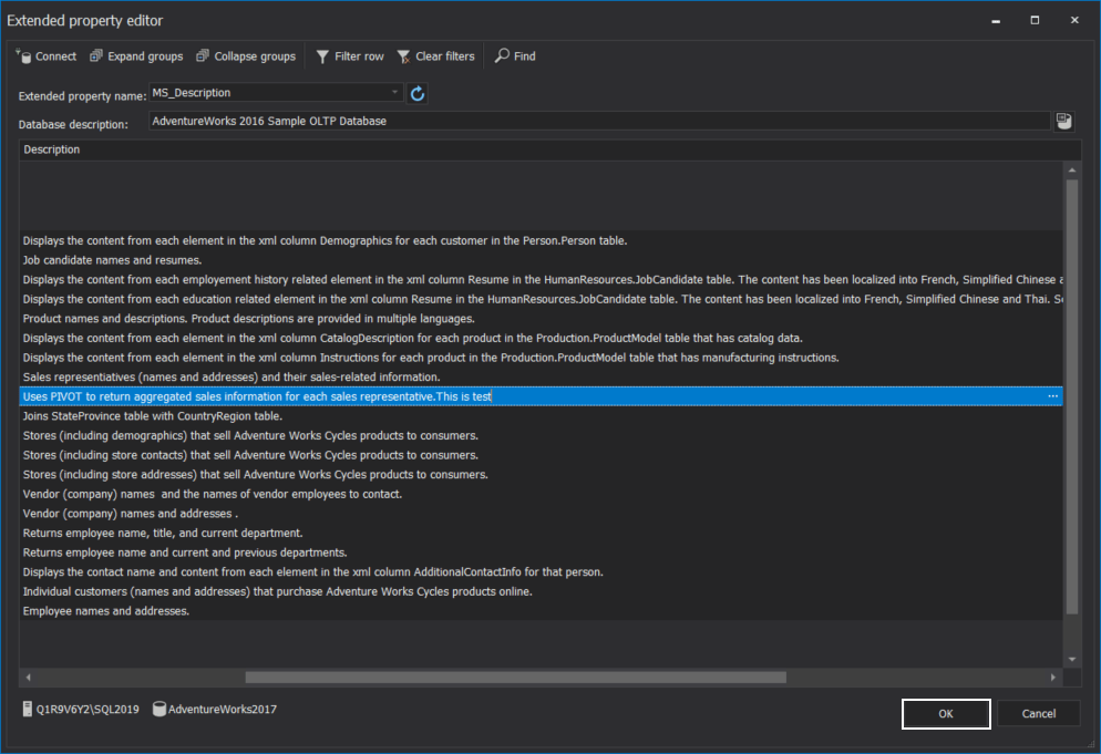 SQL Server extended properties