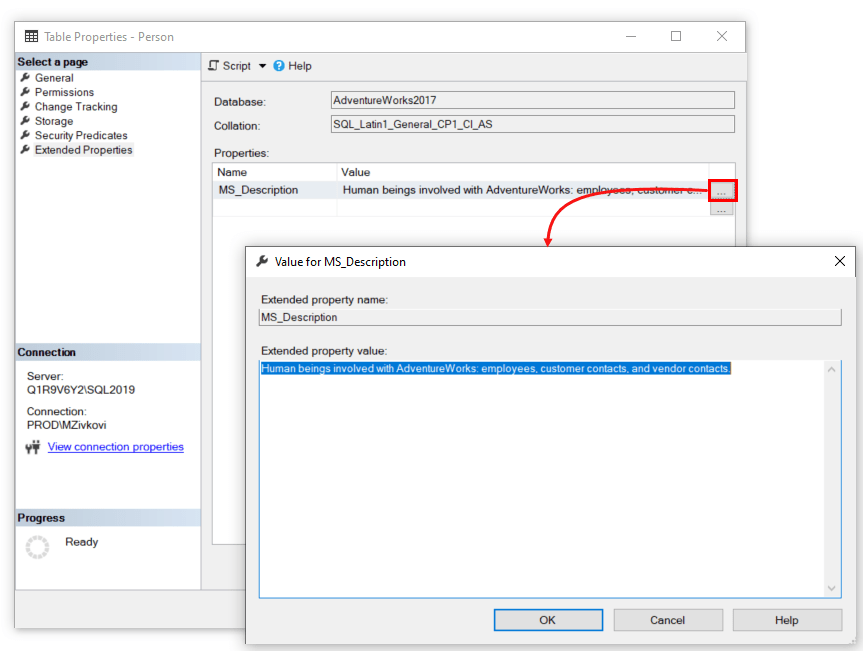 SQL Server extended properties