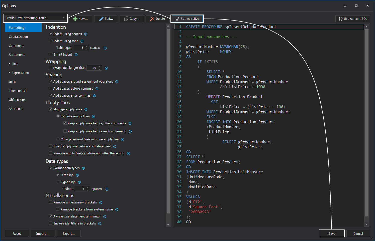 How to format SQL code in SQL Server Management Studio