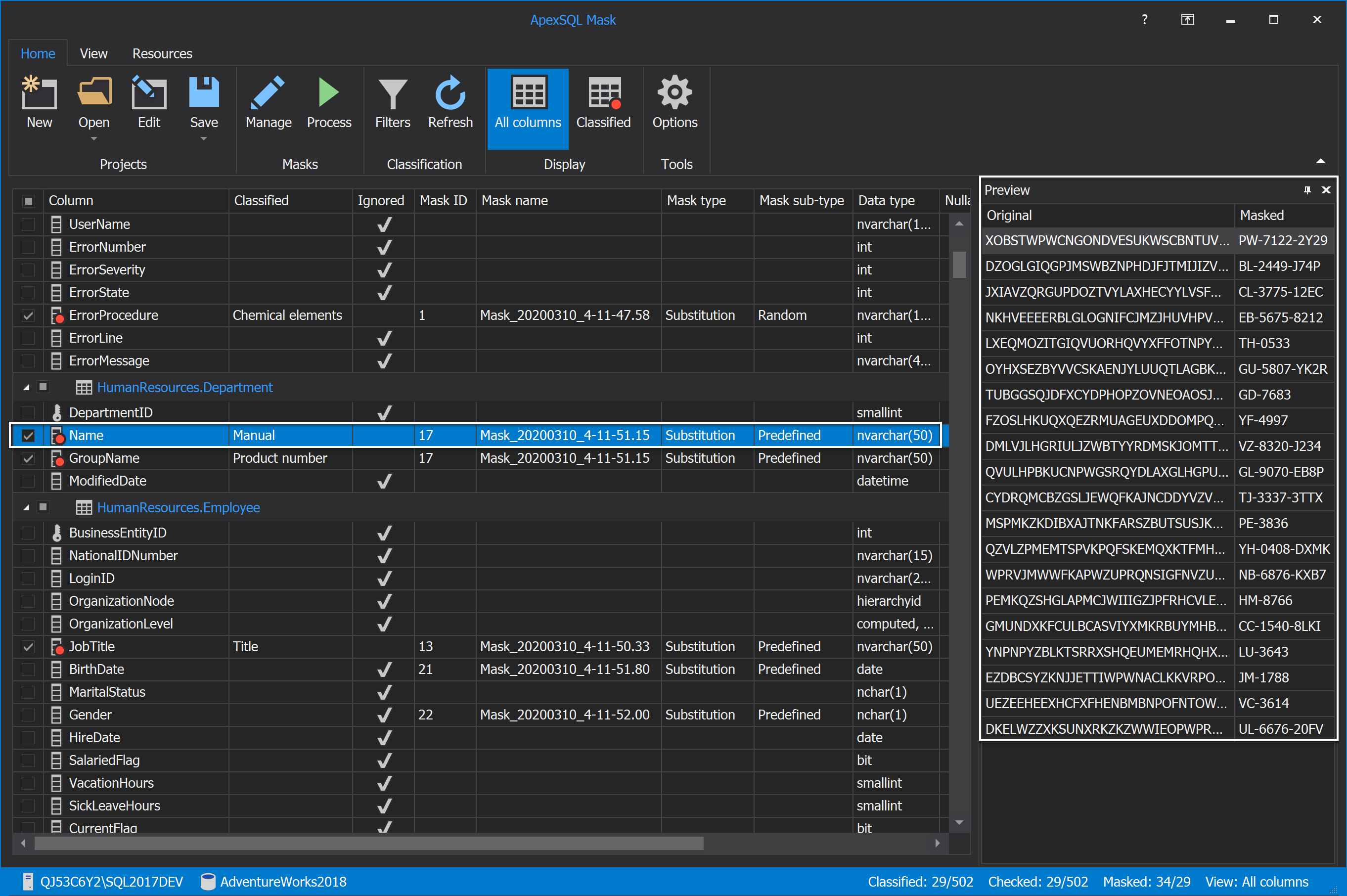 How to mask data in SQL for multiple columns and tables