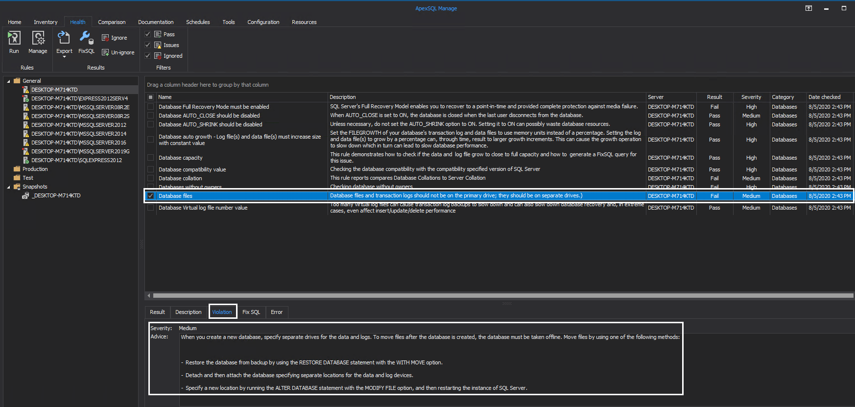 Executing a database health check analysis of SQL Server instances