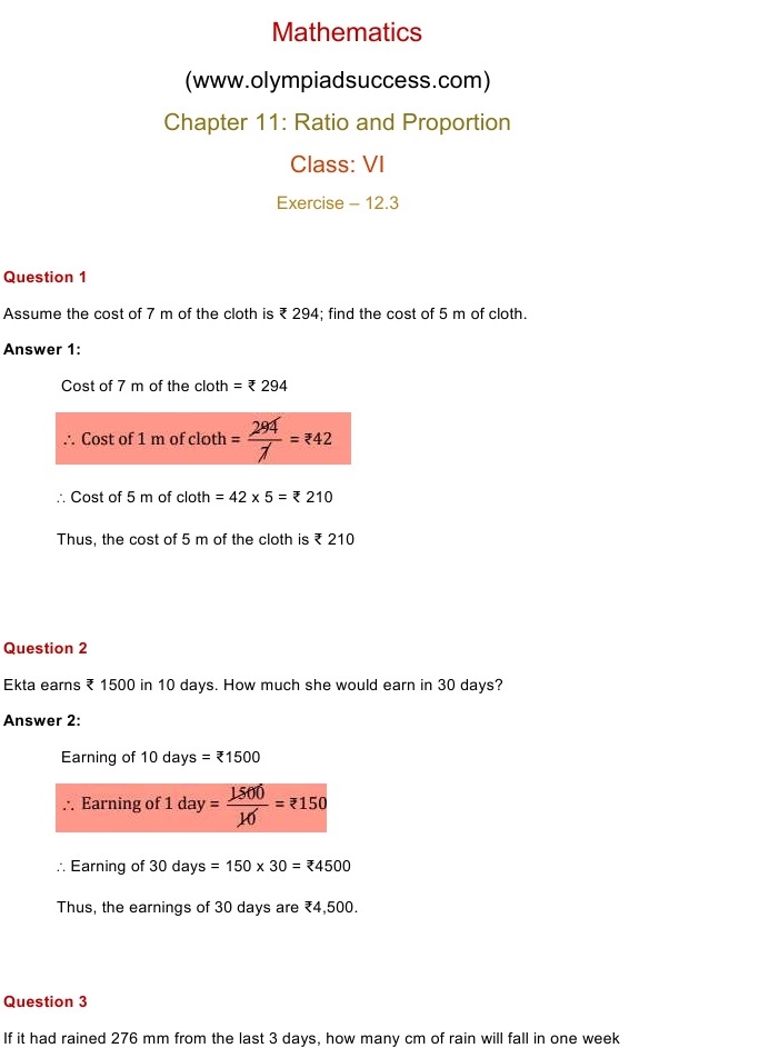 NCERT Solutions for Class 6 Mathematics Chapter 12 Ratio and