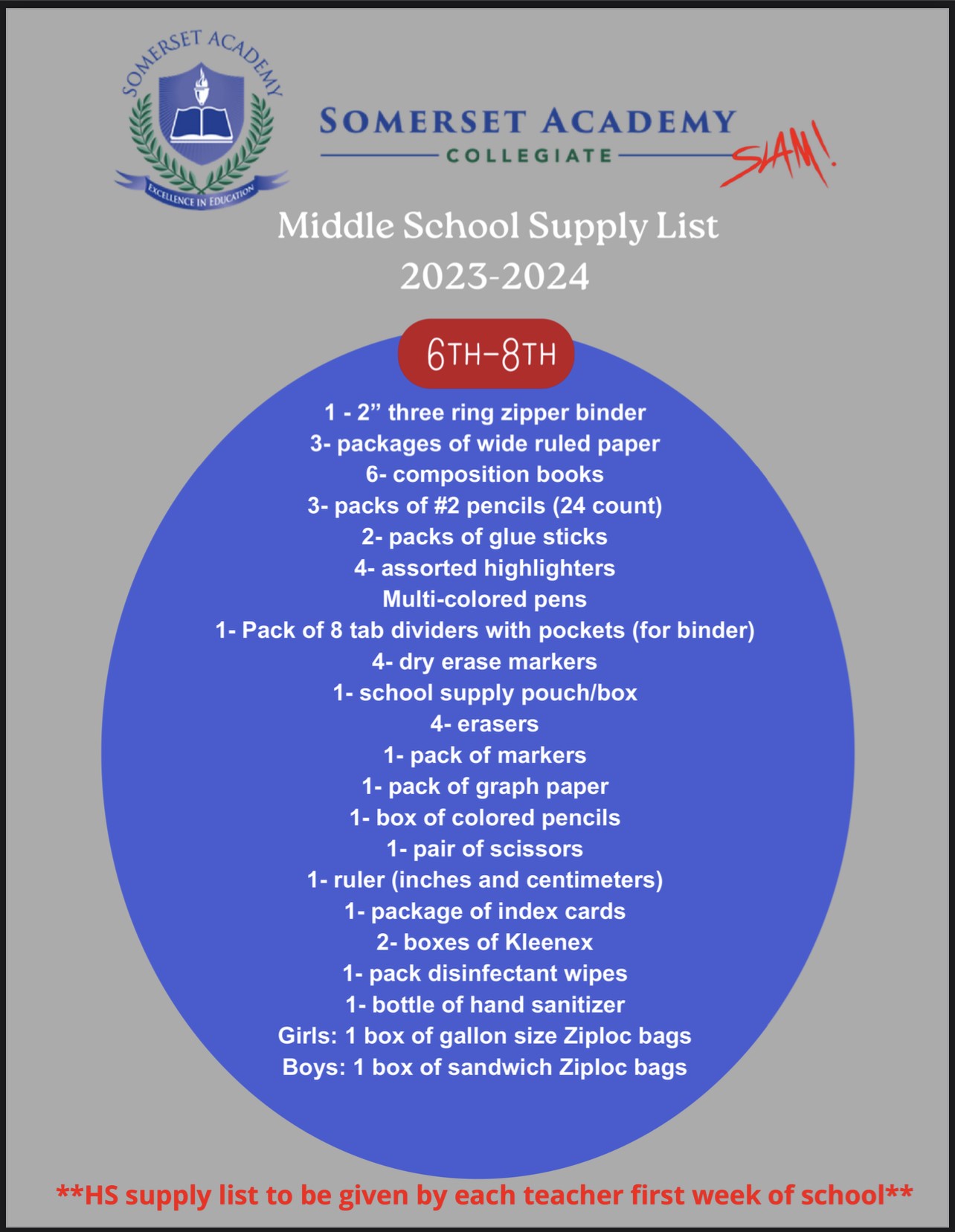School Supply List Back to School 20232024 Somerset Academy Collegiate