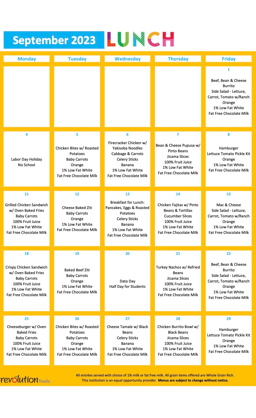 Monthly Lunch Menu Lunches Somerset Academy Stephanie Campus