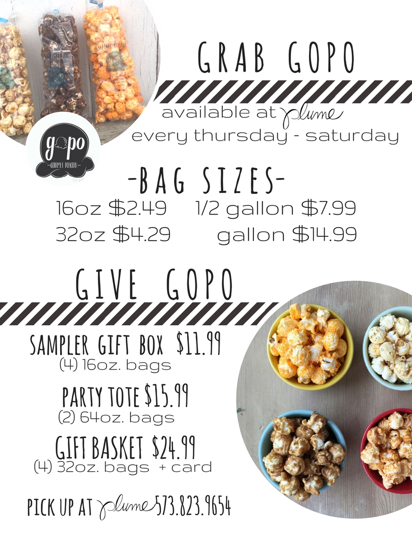 GOPO Gourmet Popcorn Plume in Columbia Missouri