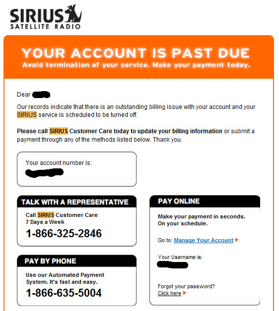 Sirius “Your account is past due” email scam — Somewhere Awful