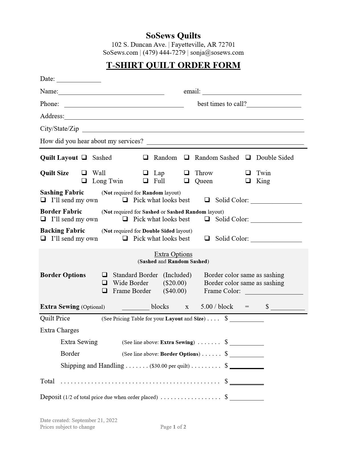 Order Form SoSews Quilts