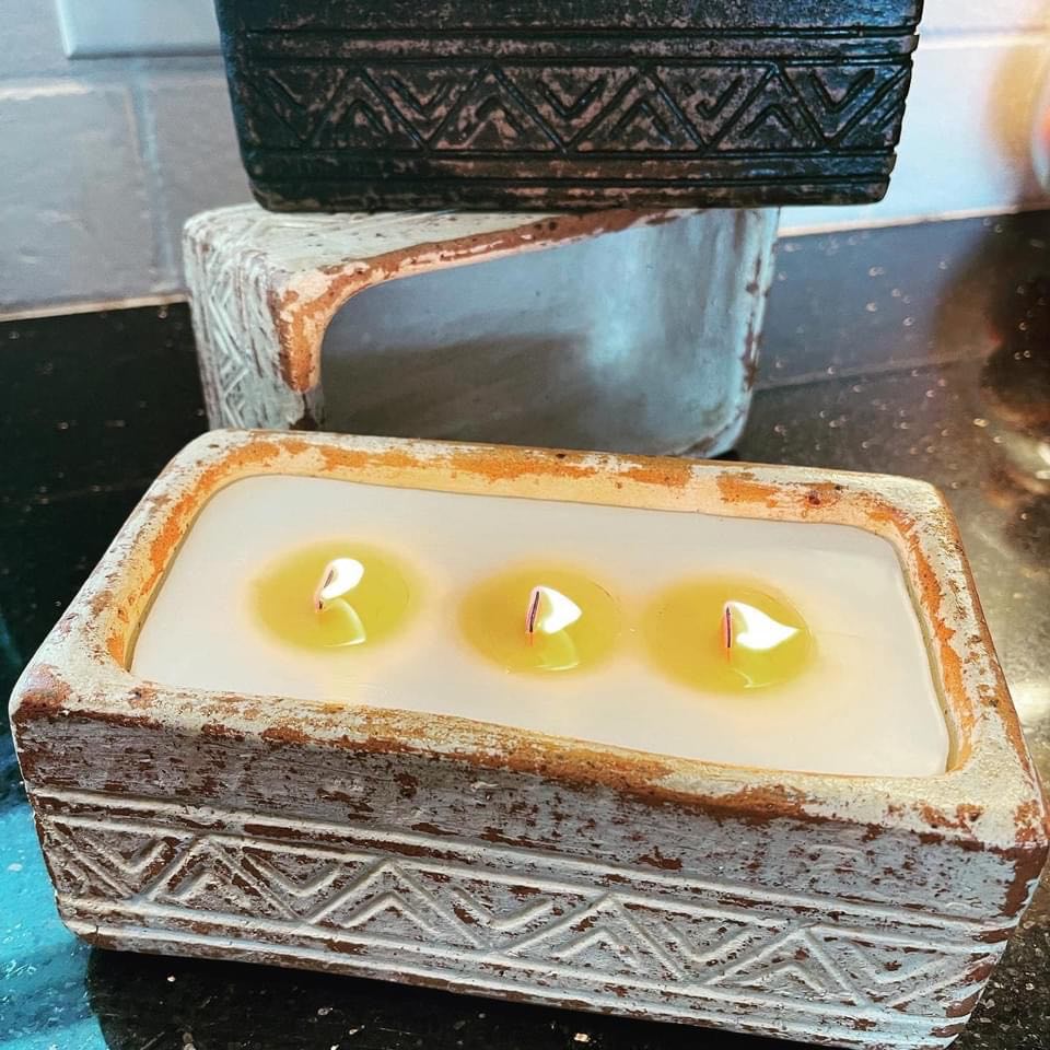 Hand Made Pottery Aztec Rectangle 3 Wick Candle Soul Fire Candle Company