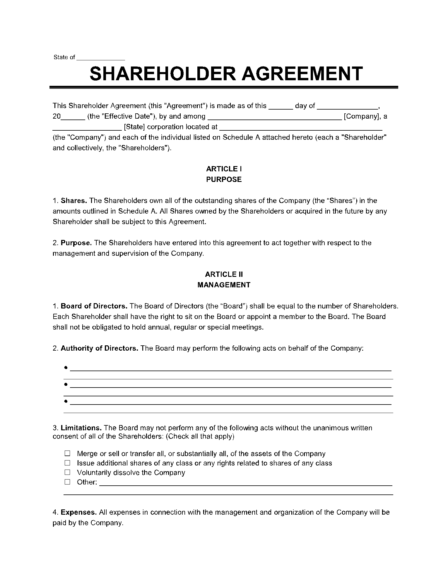 Company Shareholders Agreement Template