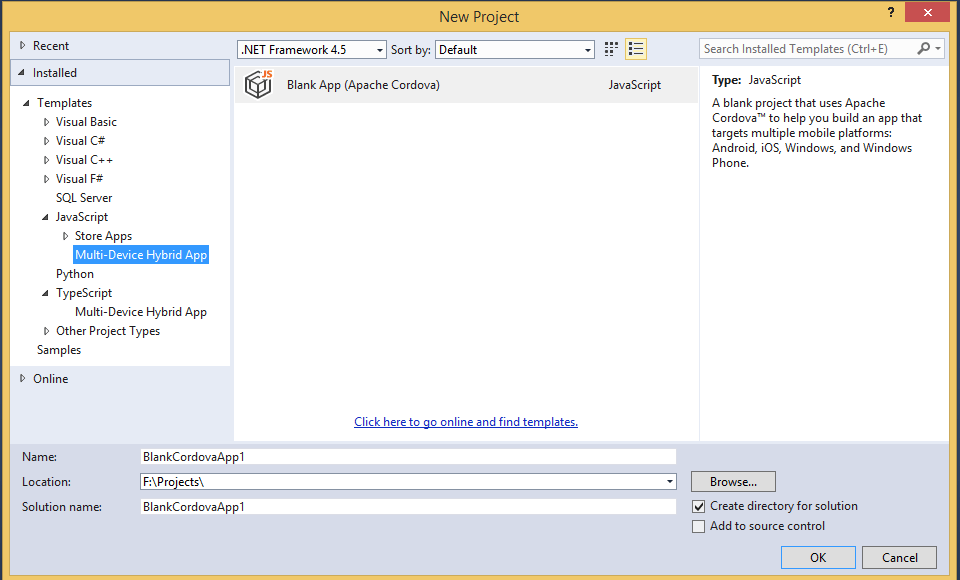 MultiDevice Hybrid apps using visual studio Cordova Getting Started