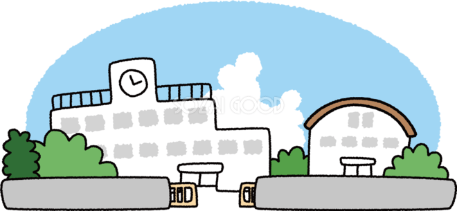 学校の校舎のフリーイラスト | フリーイラスト・クラシック（フリクラ） 無料イラスト 学校 校舎「正面空付き体育館付」36300 | 素材Good