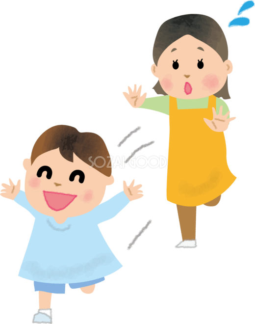 走り回る子供たちイラスト／無料イラストなら「イラストAc」 保育園で走り回る子供を追いかけ保育士(女性)の無料イラスト66175 | 素材Good