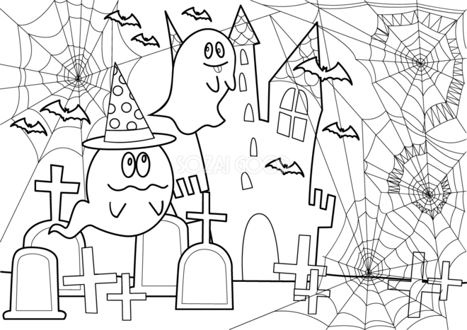 ハロウィンおばけのお面（ぬりえ） | Kf Studio ハロウィン塗り絵「お化け屋敷」イラスト(大人・高齢者向け)無料フリー84278 | 素材Good