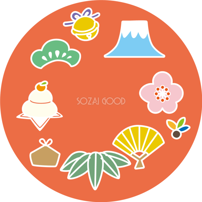 正月飾り！おしゃれでガーリーな「しめ縄」の フリー（無料）イラスト | 商用フリー(無料)のイラスト素材なら「イラストマンション」 かわいい正月アイテムで円型に囲む フレーム枠イラスト無料フリー84439 | 素材Good