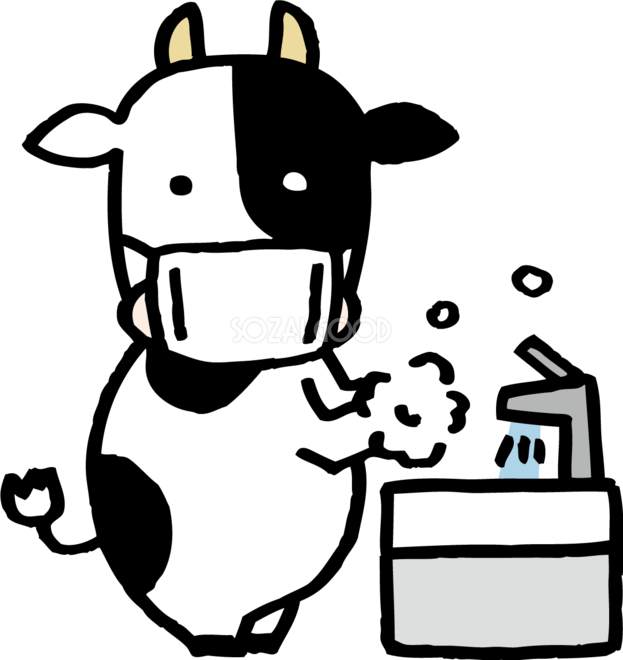手洗いのイラスト | かわいいフリー素材集 いらすとや 手洗いするマスク姿の牛イラスト無料 フリー86258 | 素材Good