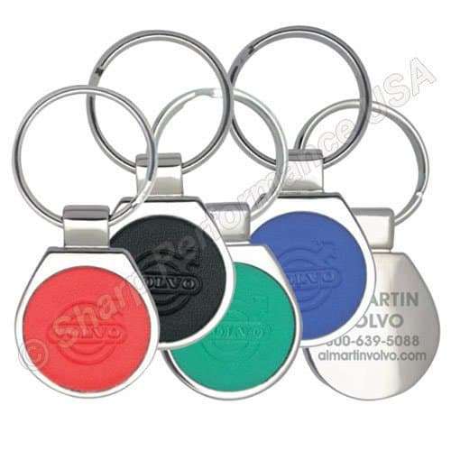 K4011 Custom round metal keychain with color leather ebmossed logo 