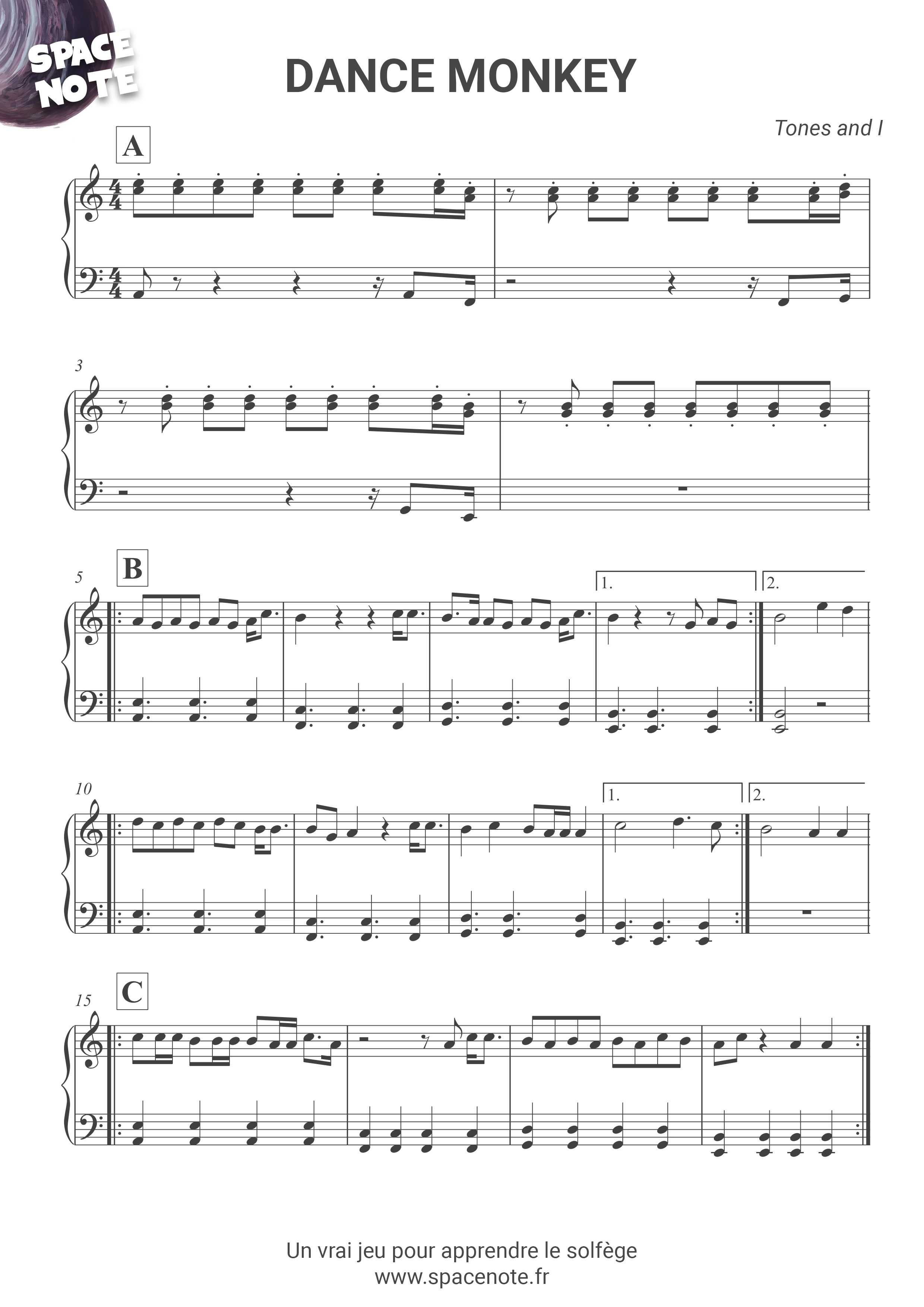 Partition piano Dance Monkey Space Note gratuite