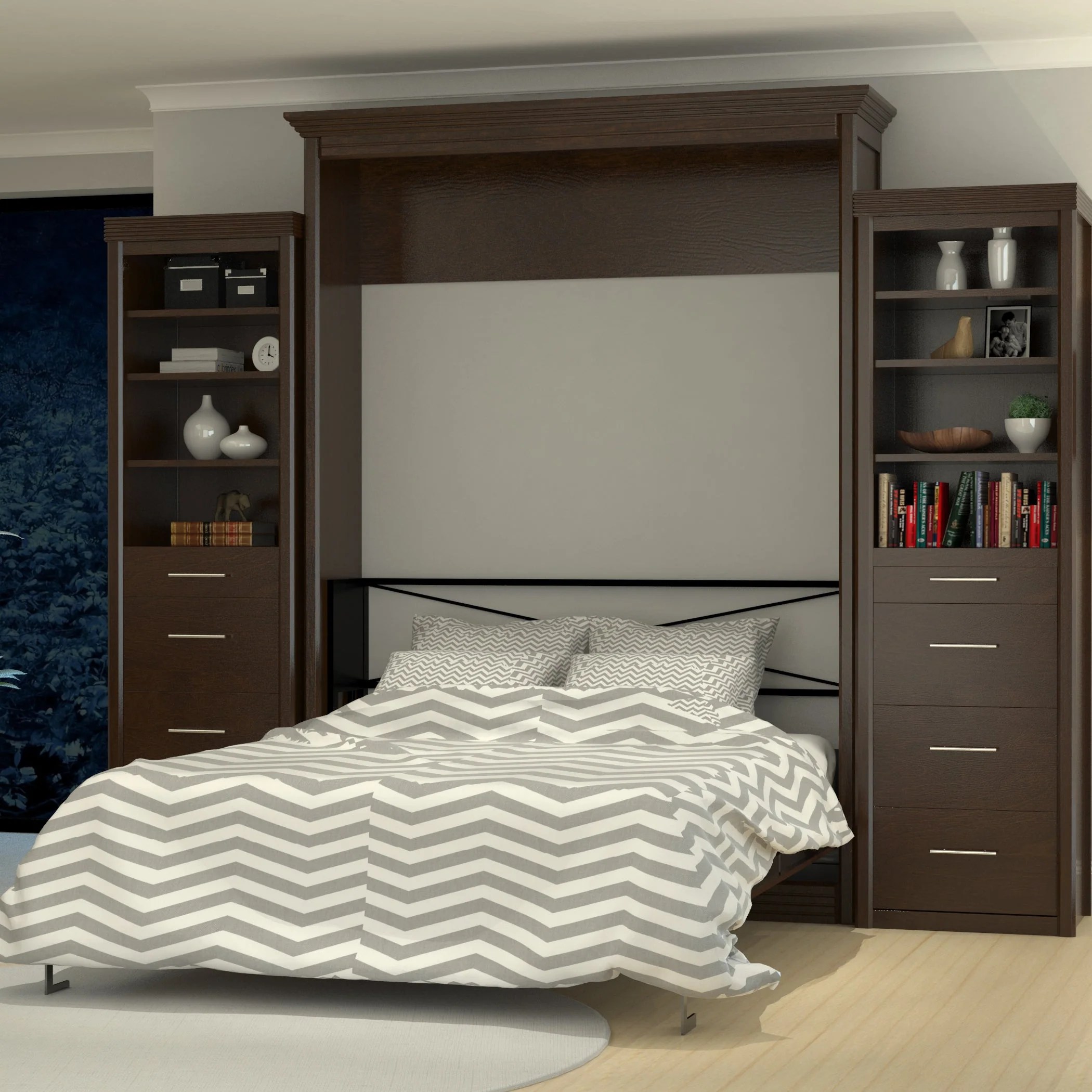 Leto Muro Queen Portrait Wall Bed with Towers in Walnut Finish