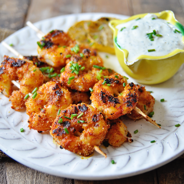 SpanishSpiced Shrimp Kabobs with Lemon Yogurt Aioli Spain on a Fork