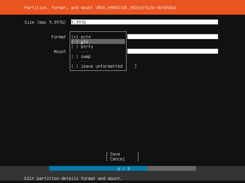เลือก Root File System ให้เป็นแบบ xfs ตอนติดตั้ง Ubuntu 18.04