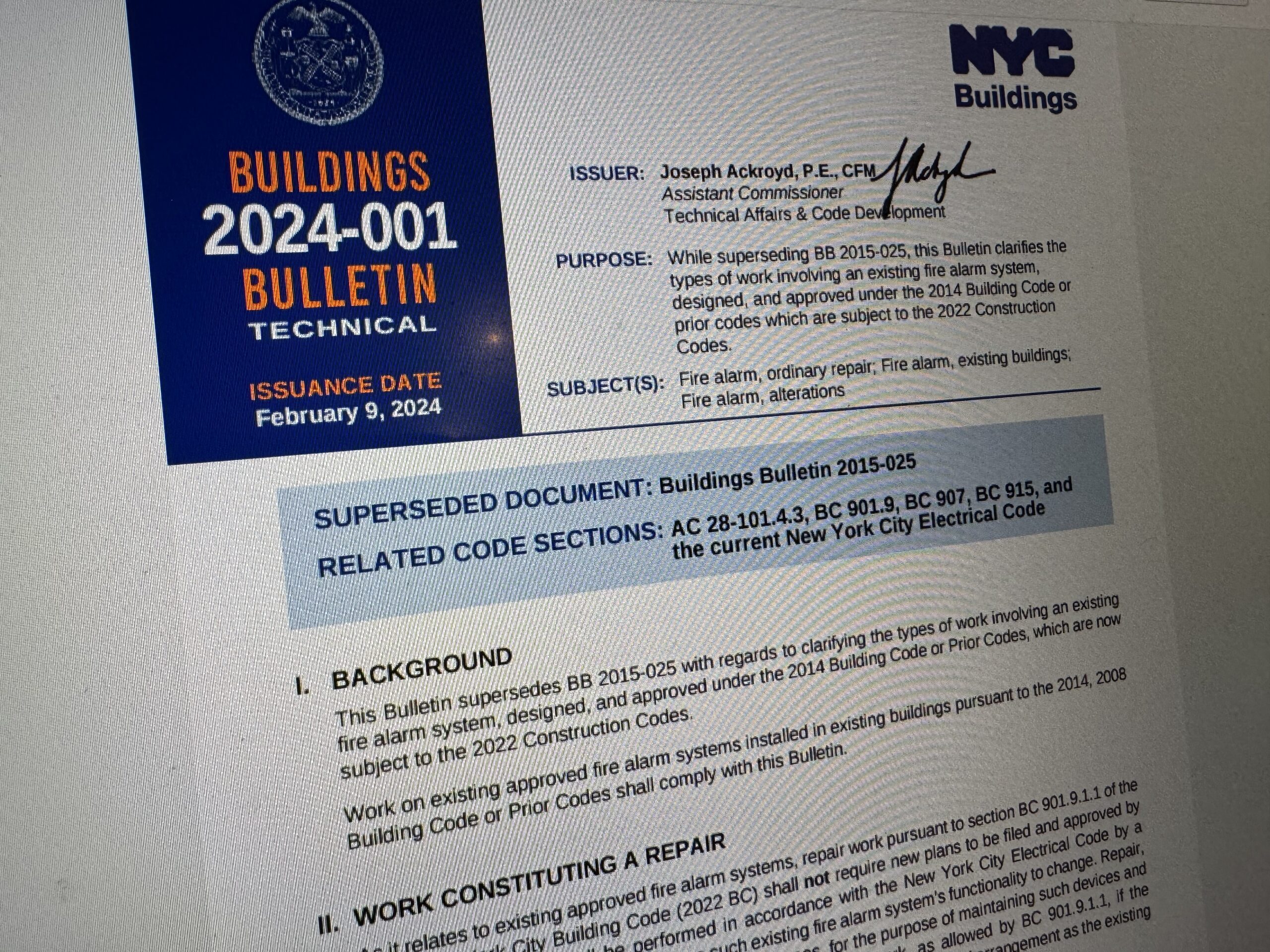 NYC DOB Buildings Bulletin for Fire Alarm Work in Existing Buildings