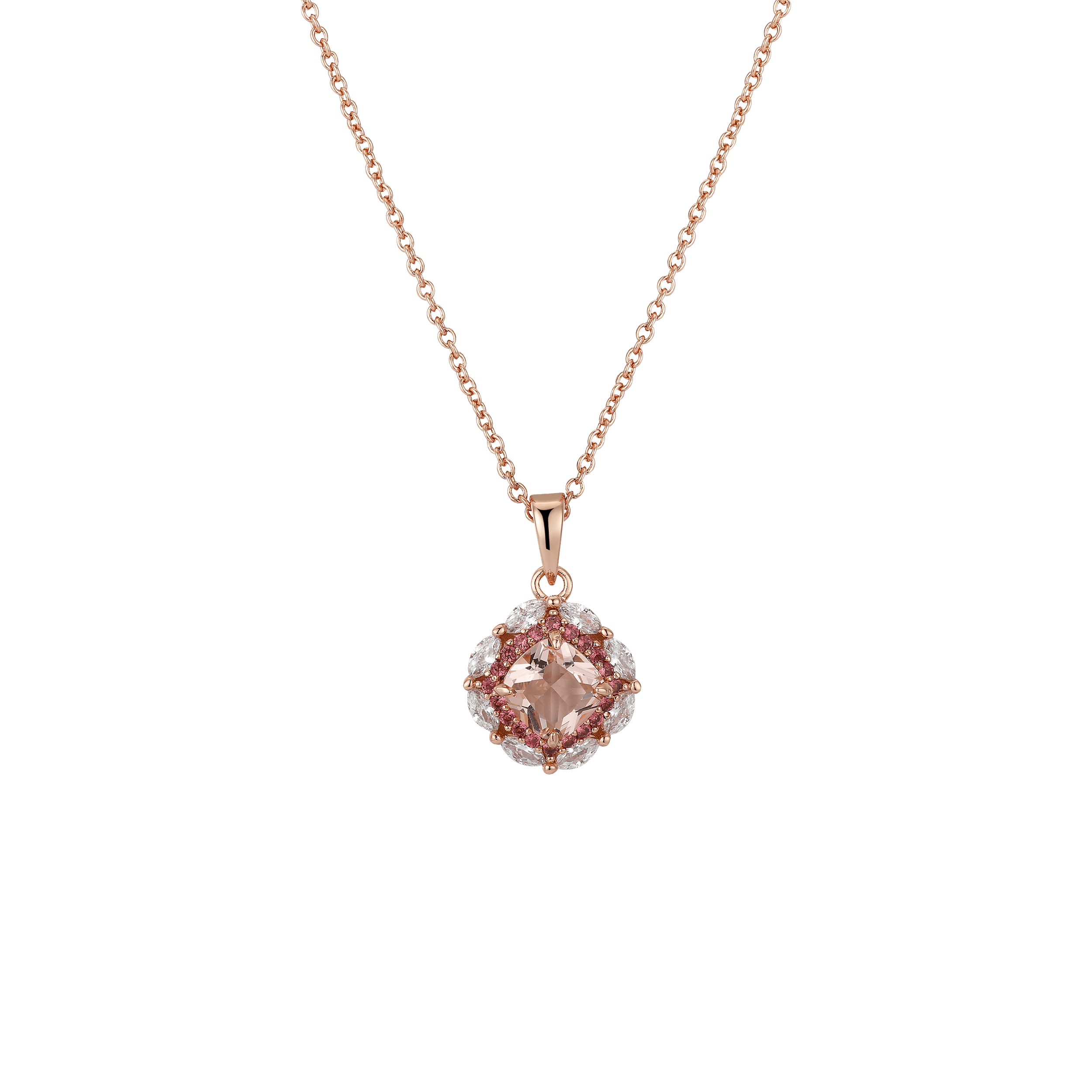 Rose Gold, Peach, Clear, & Pink Cubic Zirconia Pendant Necklace