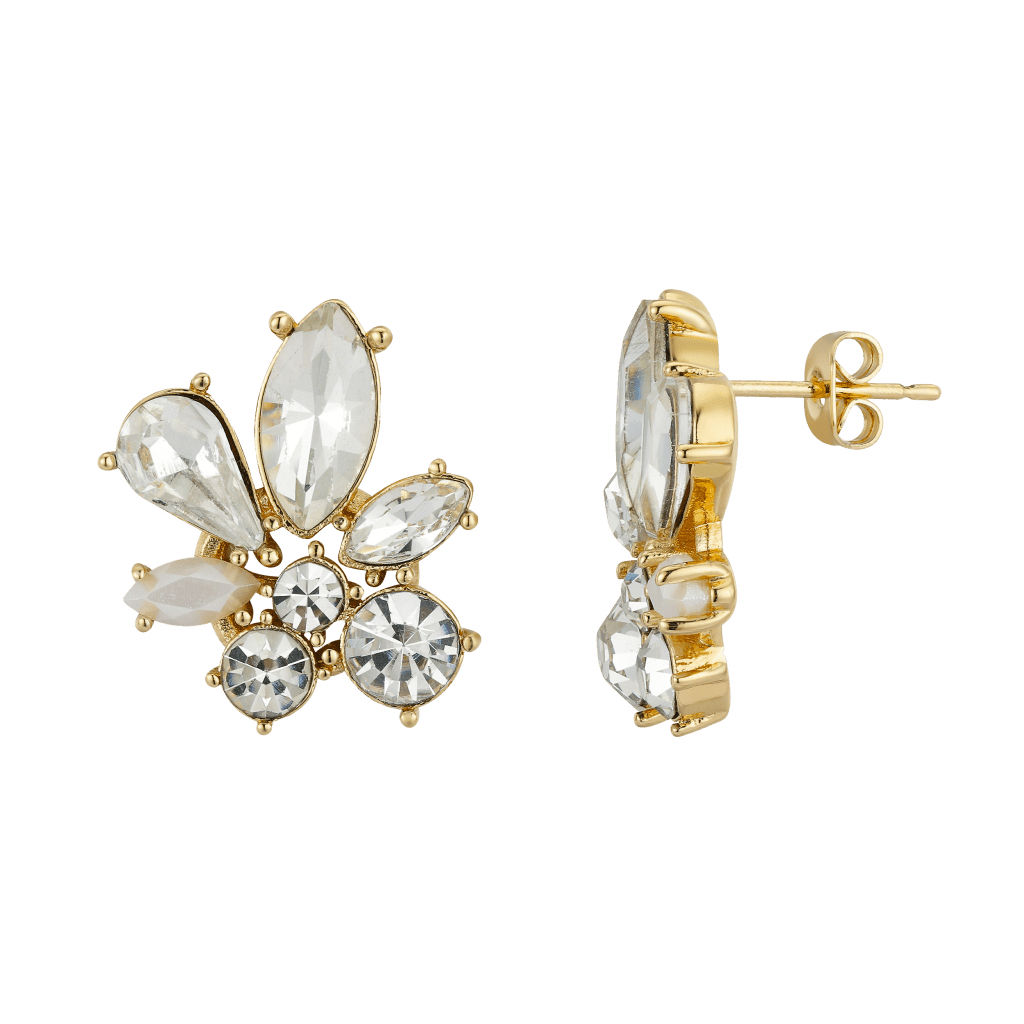 Gold Clear Multi Crystal Cluster & Pearl Post Earrings Sparkle With