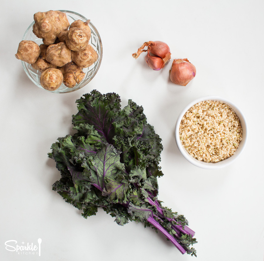 Jerusalem Artichokes and Braised Kale Rice Pilaf Sparkle Kitchen