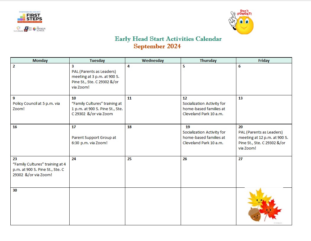 EHS Calendar Spartanburg County Early Head Start EHS Calendar Spartanburg County Early Head Start