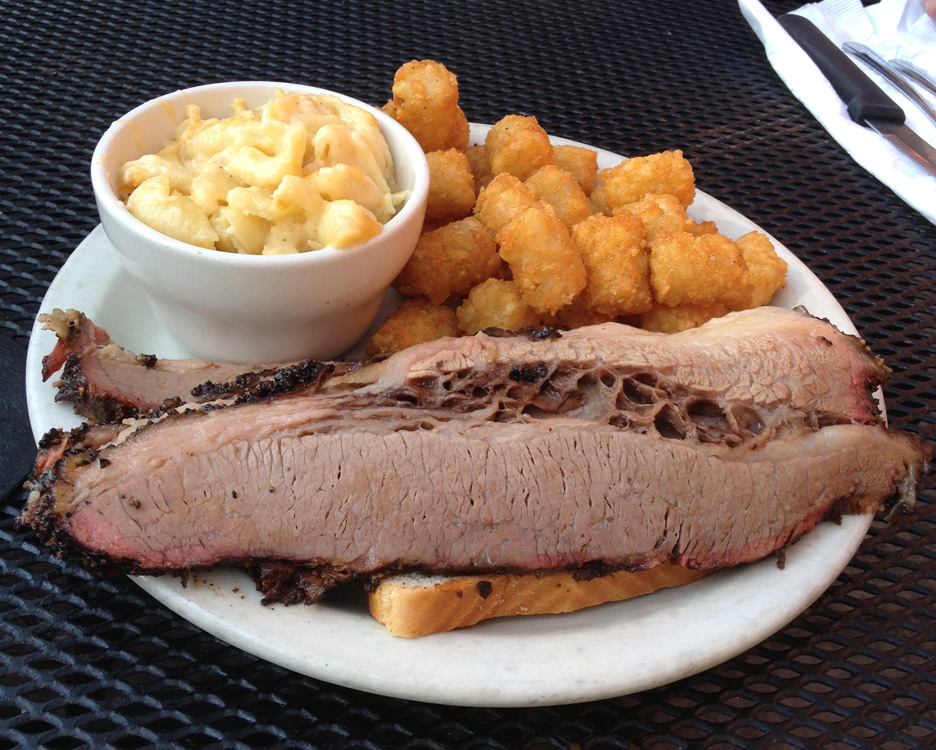Fox Brothers BBQ brisket, tots, and mac 'n' cheese spatialdrift