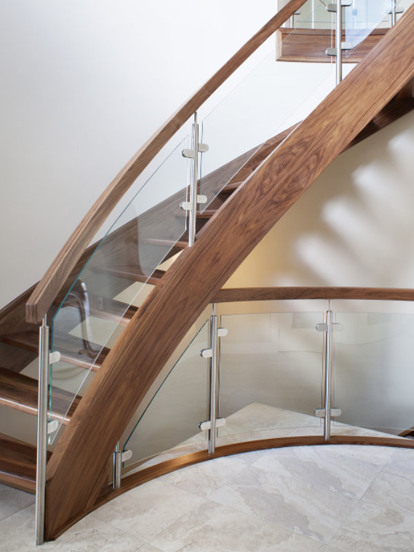 Walnut with Curved Glass Specialized Stair & Rail