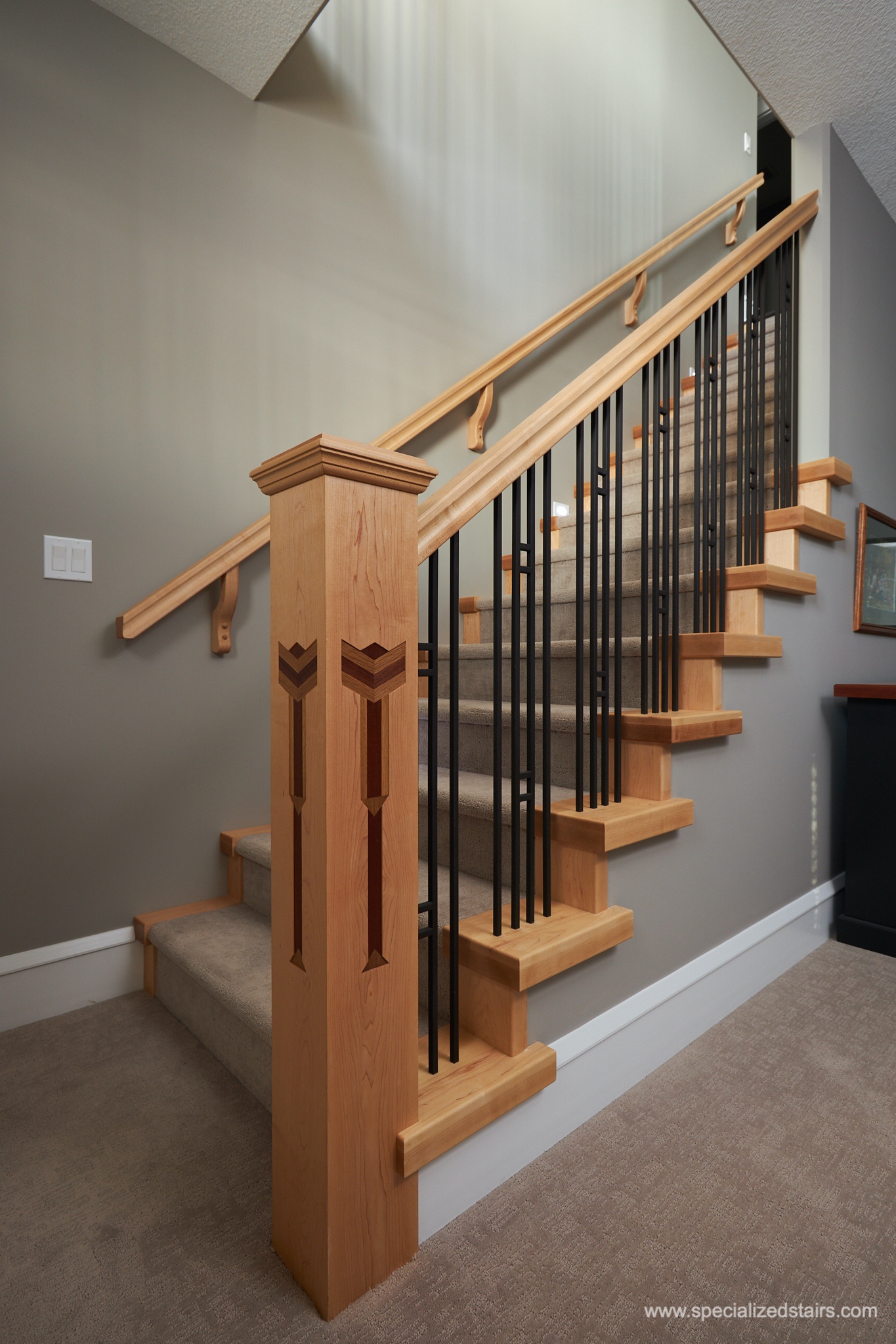 Custom Newel Post with Iron and Wood Railing Specialized Stair & Rail
