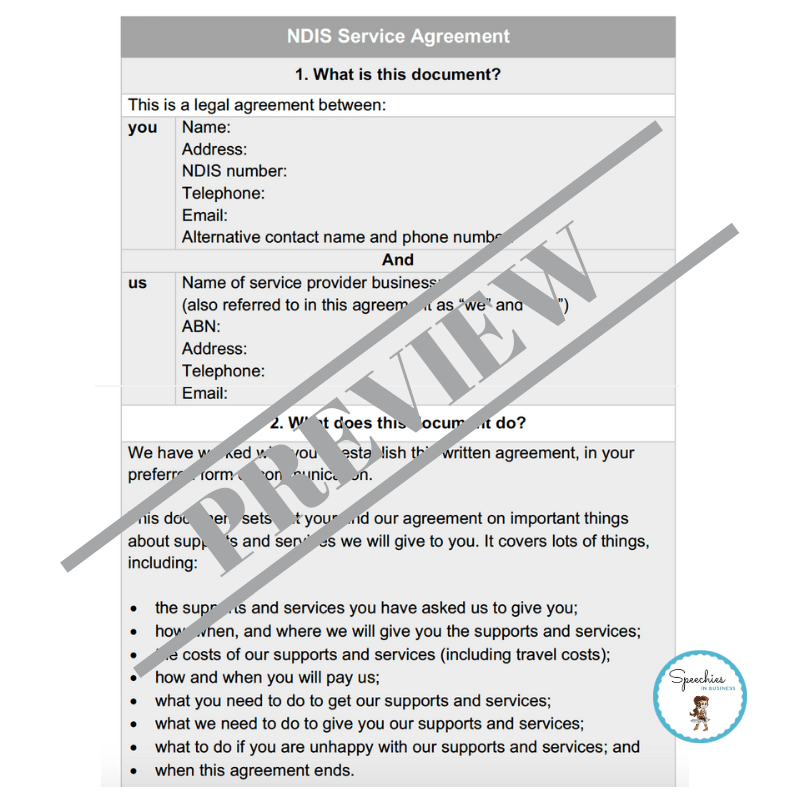 NDIS Service Agreement Template 2020 Speechies in Business