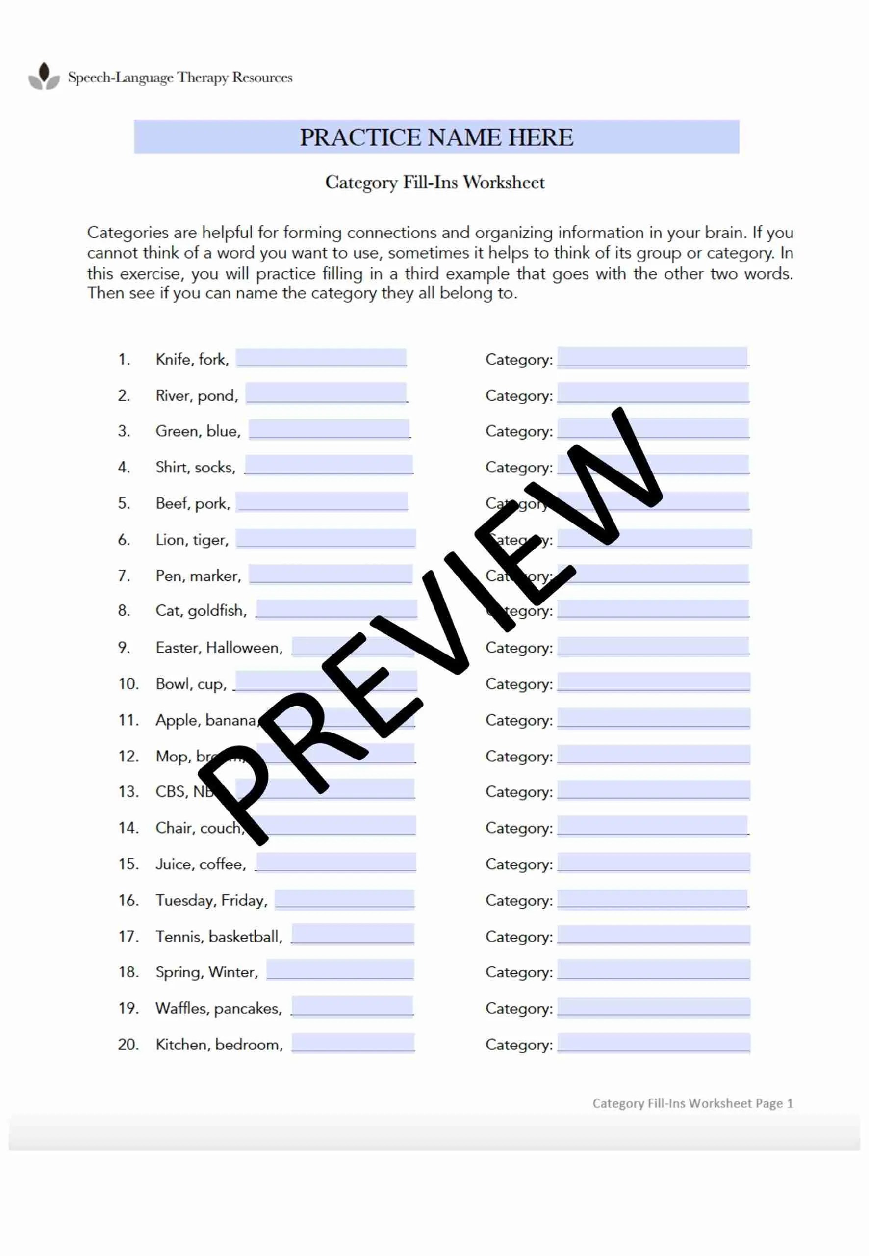 Category Fill-Ins Worksheet for Aphasia for Speech Therapy (Editable