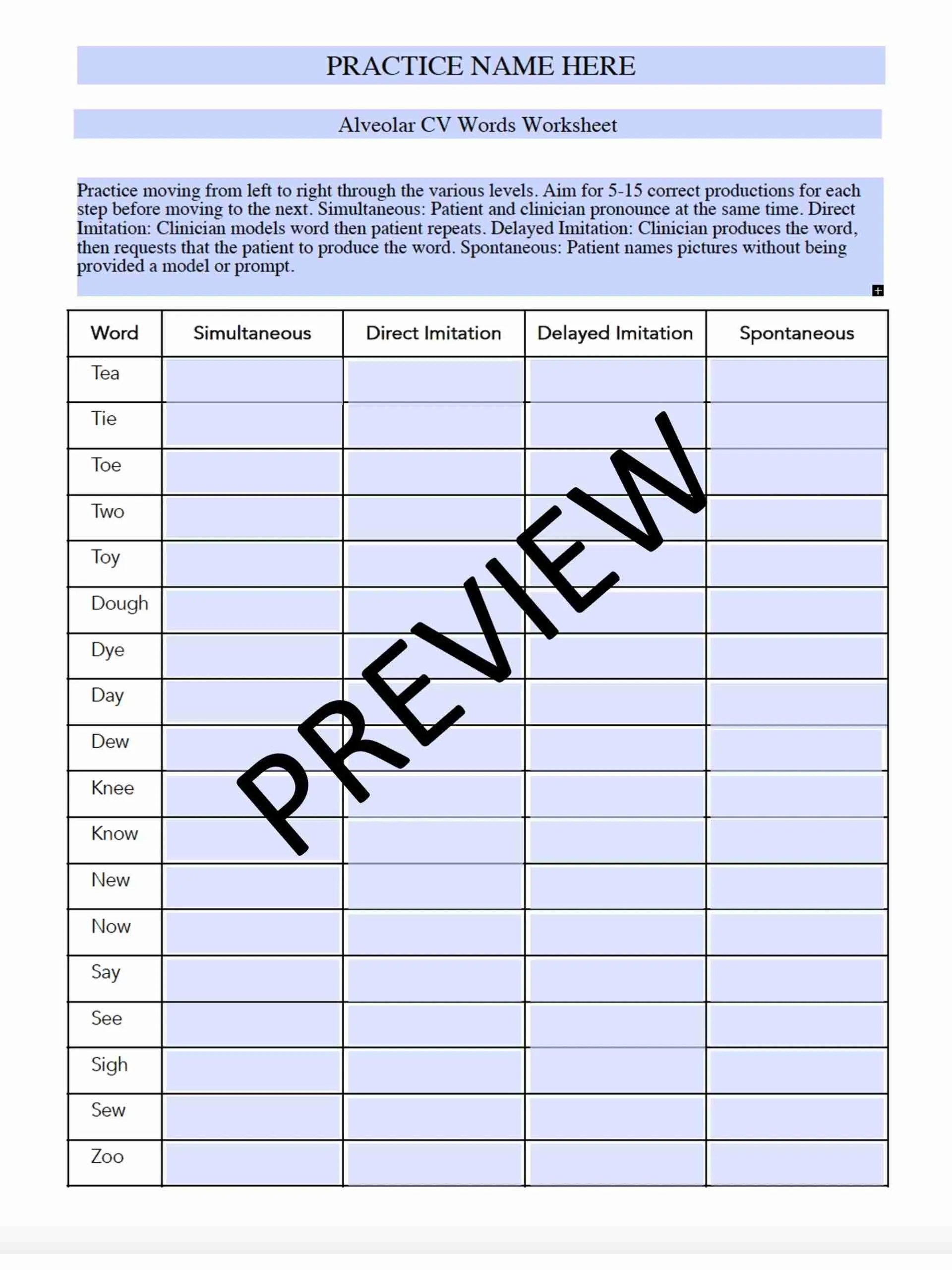Alveolar CV Words Worksheet for Apraxia in Speech Therapy (Editable