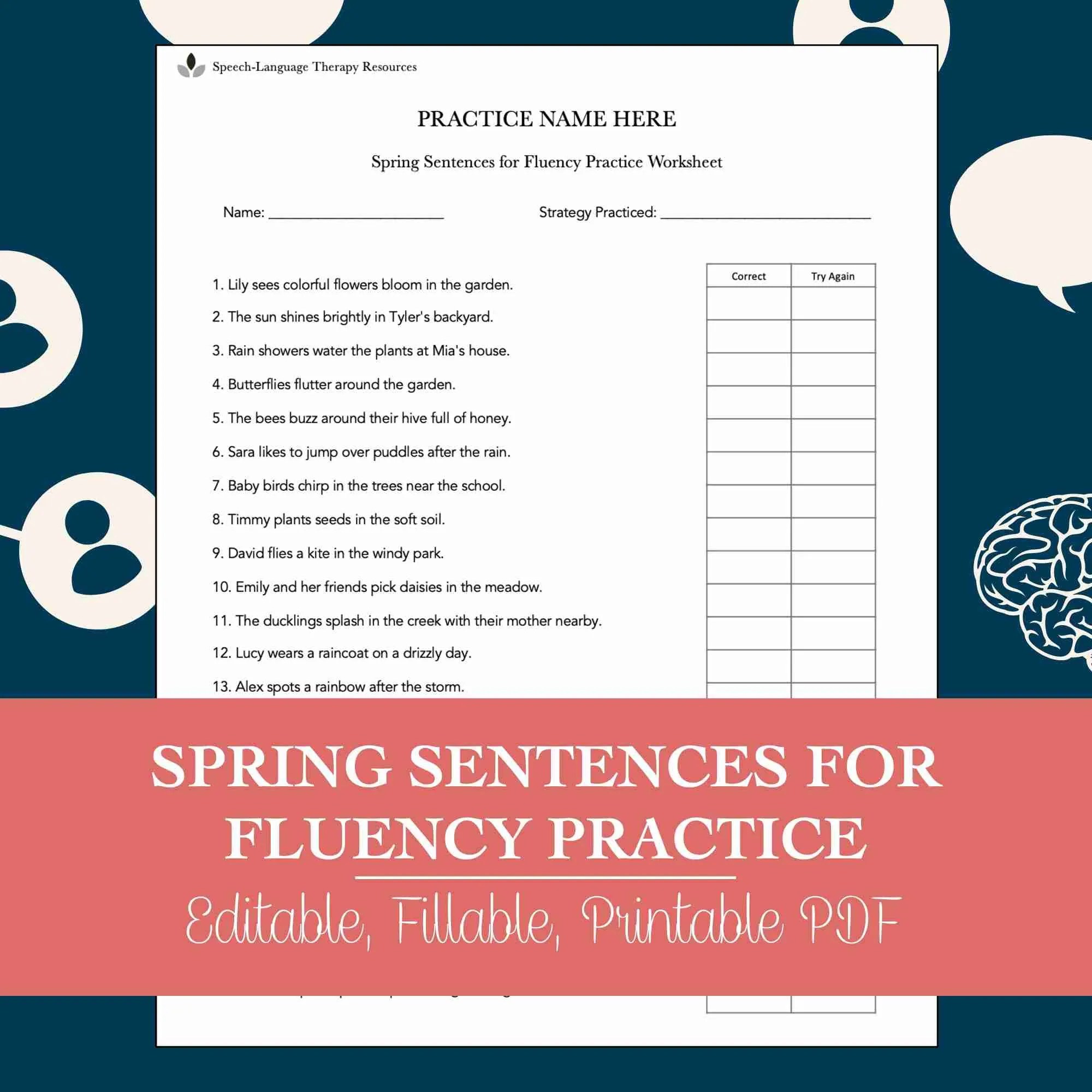 Spring Sentences for Fluency Practice Worksheet for Speech Therapy