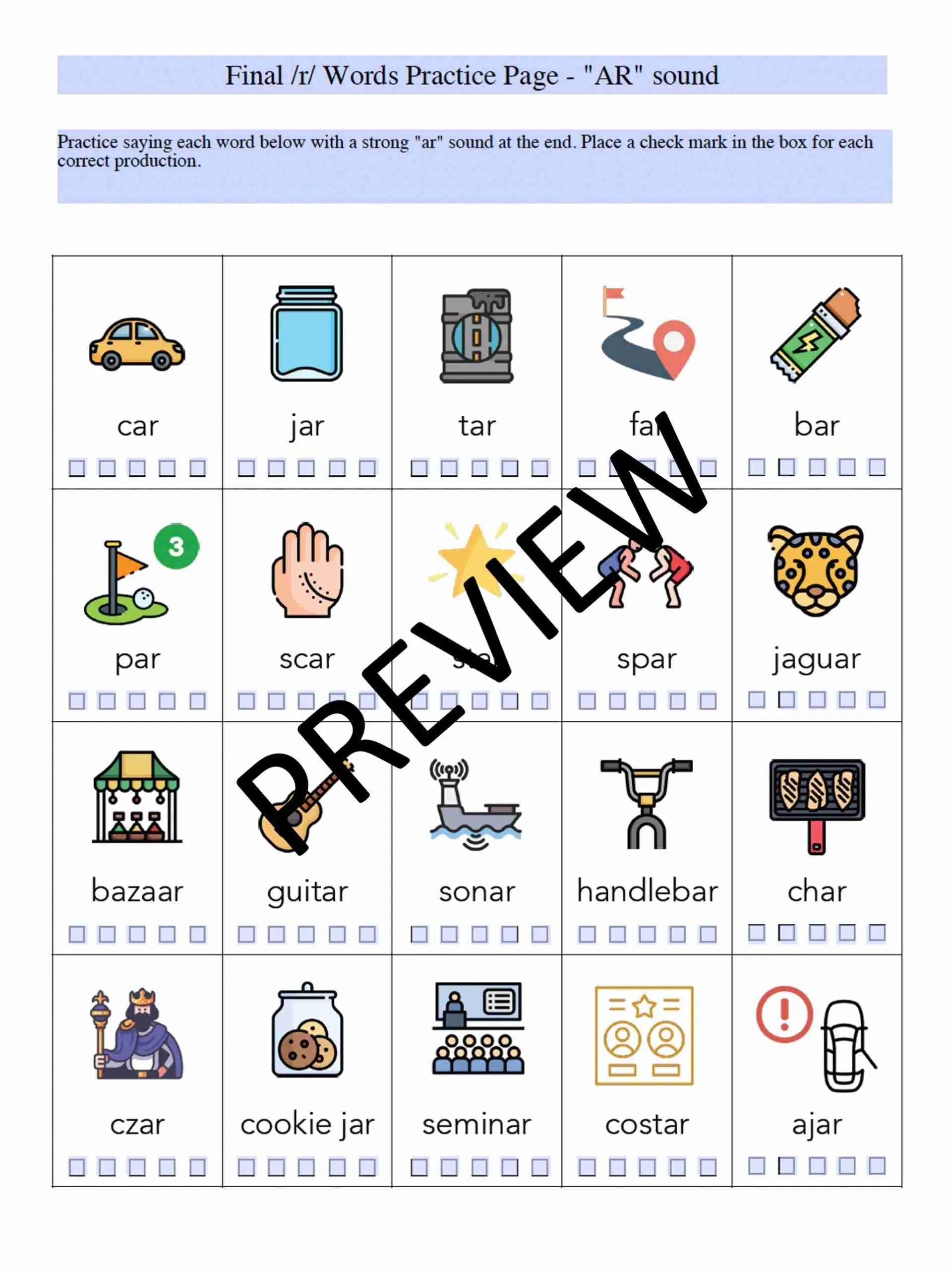 Final /R/ Words "AR" Sound Worksheet for Speech Therapy (Editable