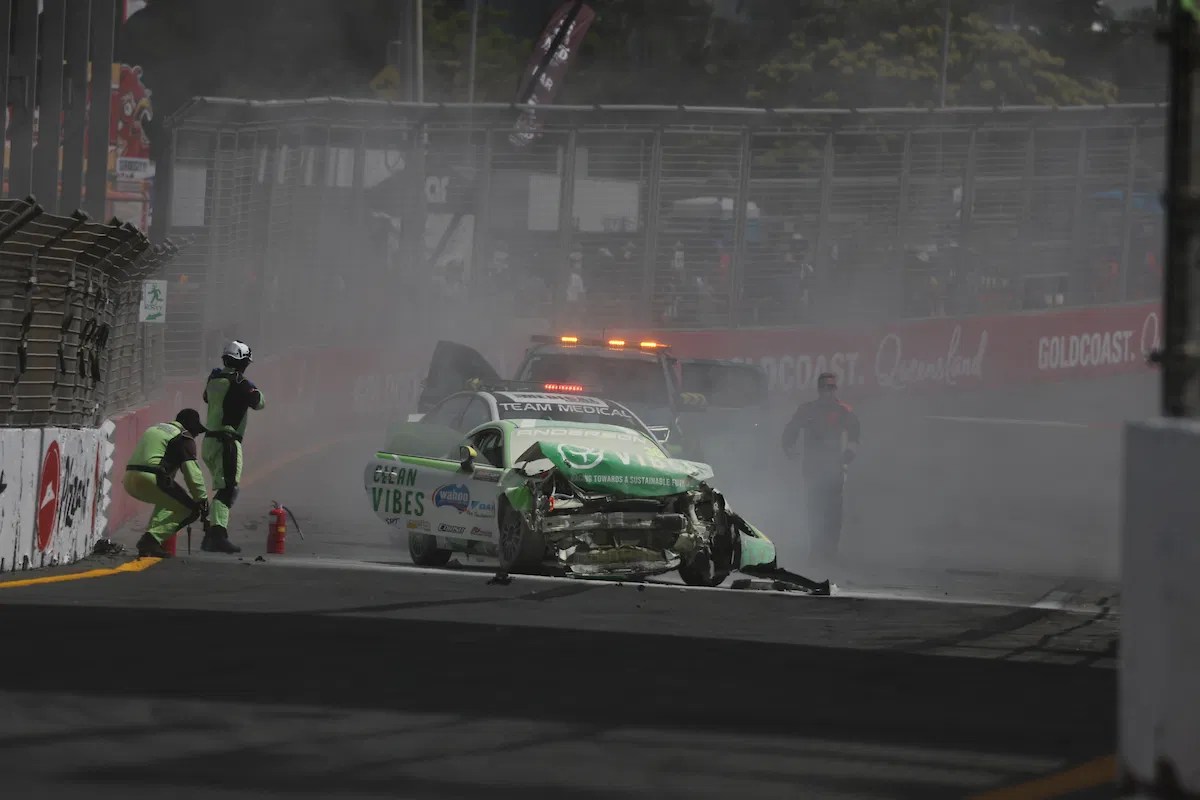 Supercars news Gold Coast 500 delayed by huge Toyota crash